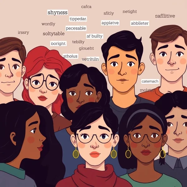 Illustration for Synonyms for Shy showing diverse expressions of thoughtfulness or slight reserve