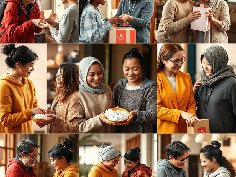 A collage showcasing acts of kindness, illustrating synonyms for generous