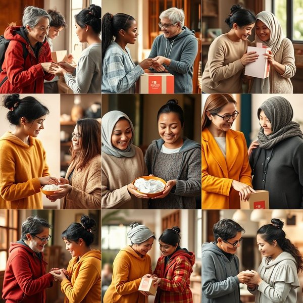 A collage showcasing acts of kindness, illustrating synonyms for generous