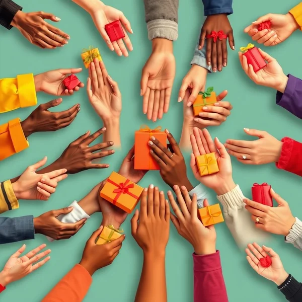 A collage showcasing acts of kindness, illustrating synonyms for generous