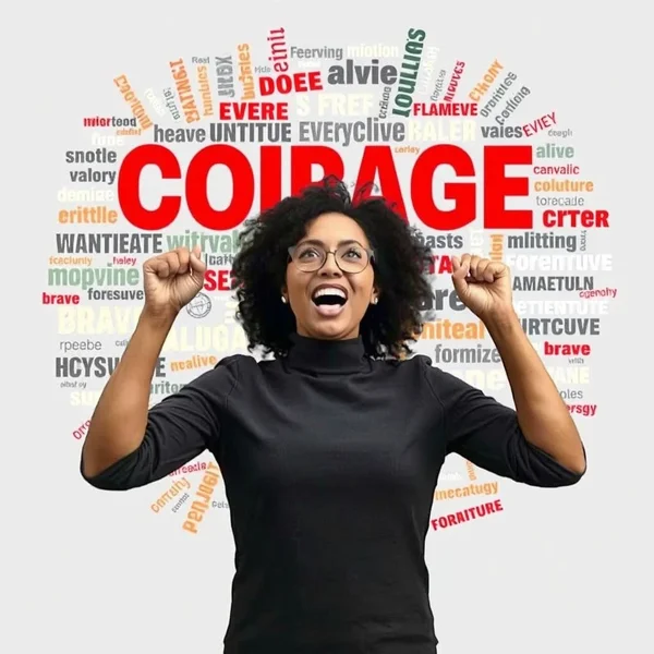 Imagen que muestra sinónimos de coraje (Courage), quizás un león valiente o una persona superando un desafío