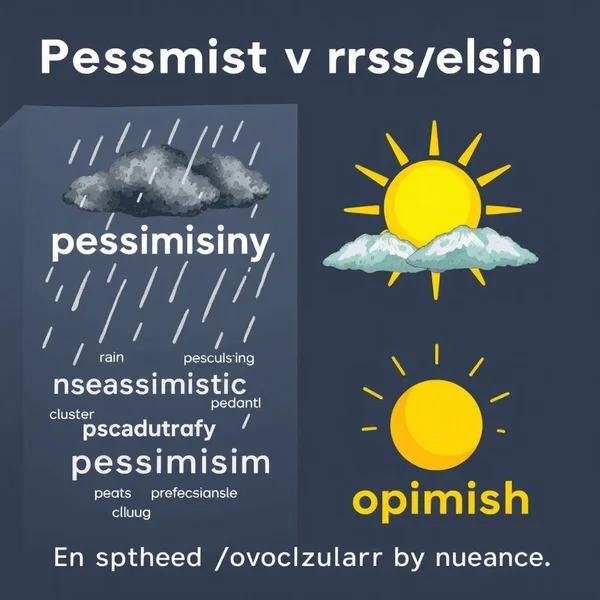 Image depicting a scale from cloudy (pessimistic) to sunny (optimistic) with various related words, with the title "Synonyms for Pessimistic to Brighten Your Vocabulary"