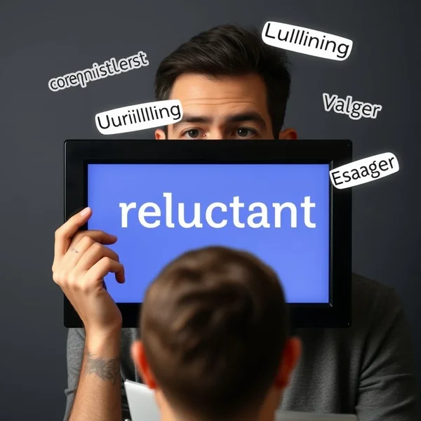 Image showing a person looking thoughtful with question marks around words, titled "Discovering Synonyms for Reluctant"
