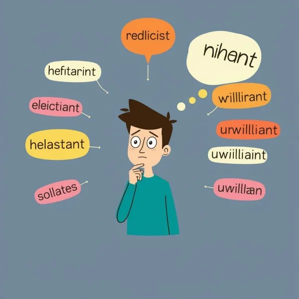 Image showing a person looking thoughtful with question marks around words, titled "Discovering Synonyms for Reluctant"