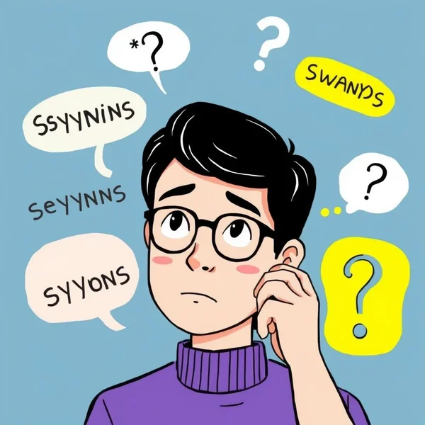 Image showing a person looking thoughtful with question marks around words, titled "Discovering Synonyms for Reluctant"