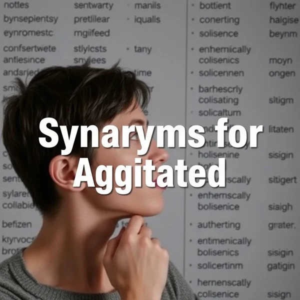 Imagem mostrando uma pessoa olhando pensativamente para uma lista de palavras, com o texto "Synonyms for Agitated" sobreposto