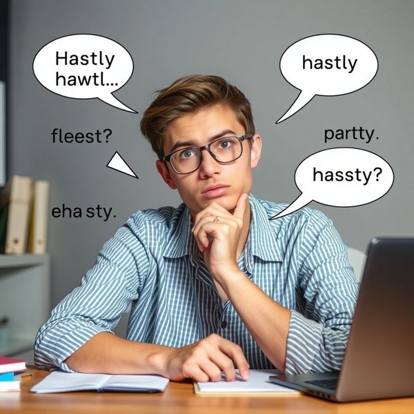 Image showing a thoughtful person considering word choices, related to synonyms for Hasty