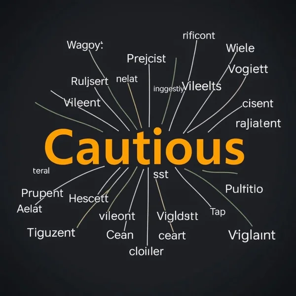 Uma lupa focando na palavra Cautious, cercada por sinónimos como Wary, Prudent, Vigilant - ilustrando Synonyms for Cautious