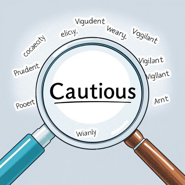 A magnifying glass focusing on the word Cautious, surrounded by synonyms like Wary, Prudent, Vigilant - illustrating Synonyms for Cautious