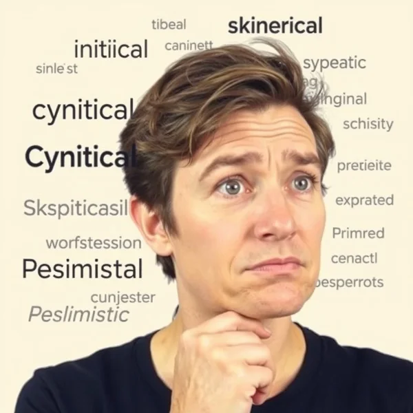 Image showing a thoughtful person considering word choices, with the text "Synonyms for Cynical" overlaid