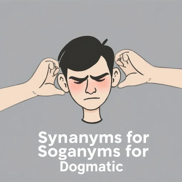 Image showing a visual representation of being dogmatic, perhaps a person with closed ears, with the title "Synonyms for Dogmatic"