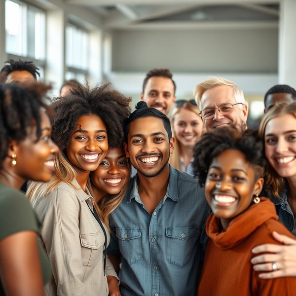 Um grupo de pessoas diversas sorrindo e interagindo, ilustrando o conceito de "Synonyms for Friendly (Sinônimos para Amigável)"