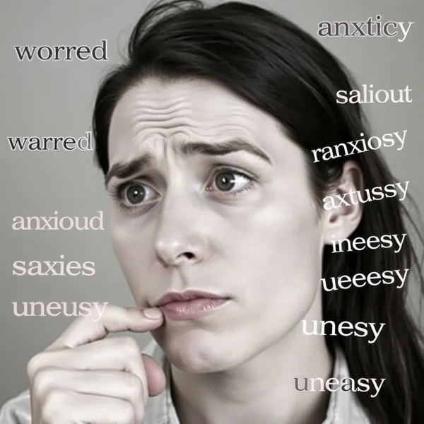 Image showing a person looking thoughtfully concerned, with the text "Synonyms for Apprehensive" overlaid