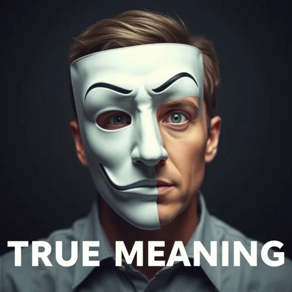 Imagem mostrando uma máscara teatral ligeiramente desalinhada do rosto de uma pessoa, com a legenda: Compreender sinônimos para Insincere ajuda a revelar verdadeiras intenções.