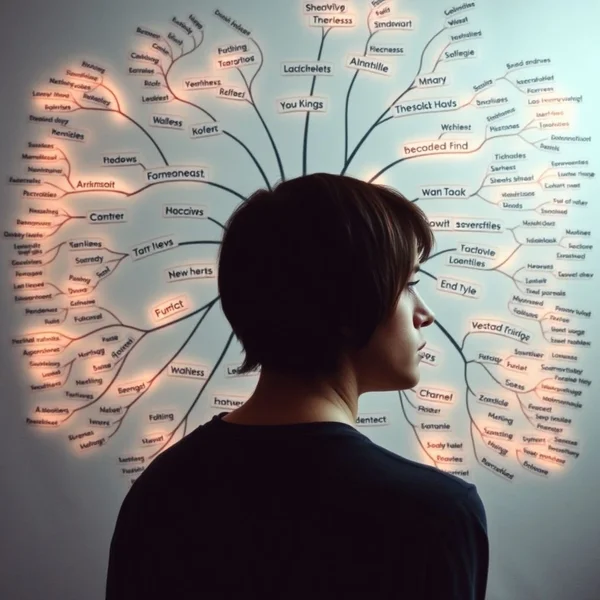 A thoughtful person looking at a list of Synonyms for Miserable
