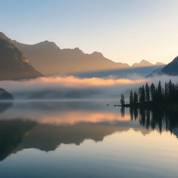 Sinônimos para Tranquil: Um lago calmo refletindo montanhas e árvores