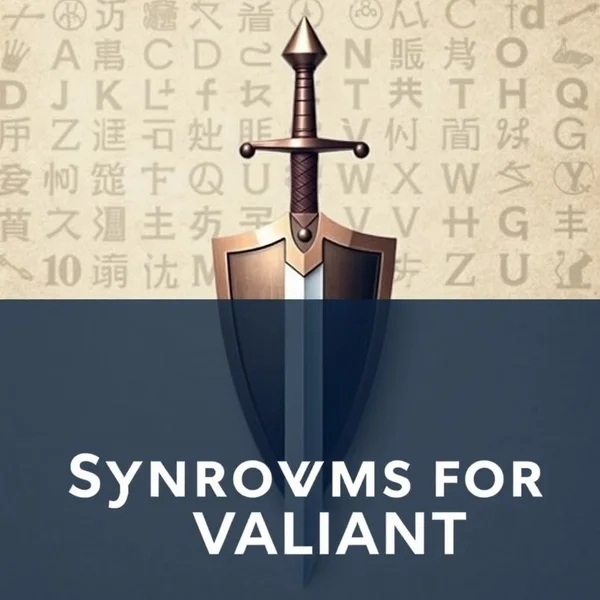 Imagen mostrando un escudo y una espada, simbolizando coraje, con texto "Synonyms for Valiant"