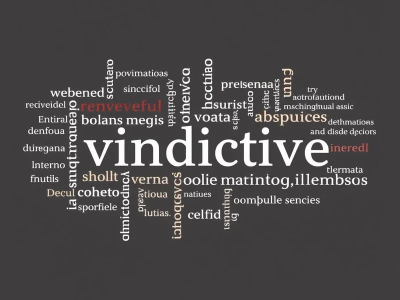 A word cloud showcasing many synonyms for vindictive