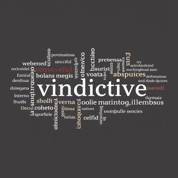A word cloud showcasing many synonyms for vindictive