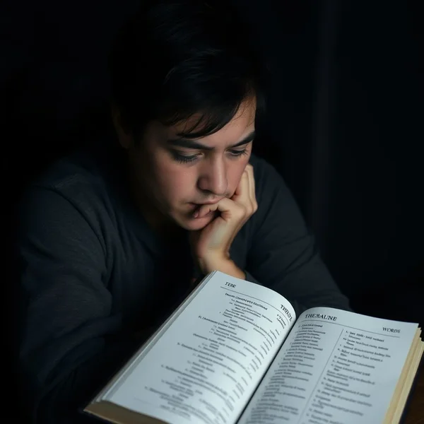 A thoughtful person looking at a list of Synonyms for Miserable