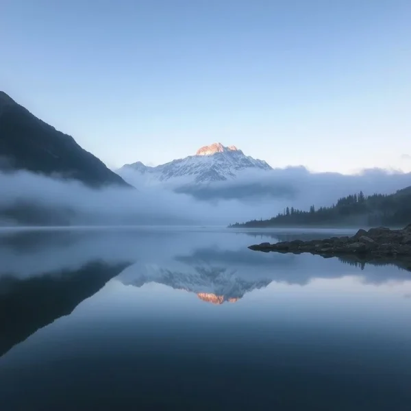 Synonyms for Tranquil: A calm lake reflecting mountains and trees
