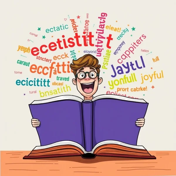 Imagem de uma pessoa pulando alegremente, com texto sobreposto: "Synonyms for Thrilled"