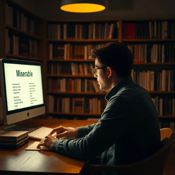 A thoughtful person looking at a list of Synonyms for Miserable