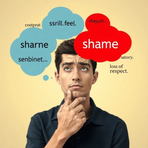 Image showing a thoughtful person considering word choices, with the text "Synonyms for Disgraced" overlaid