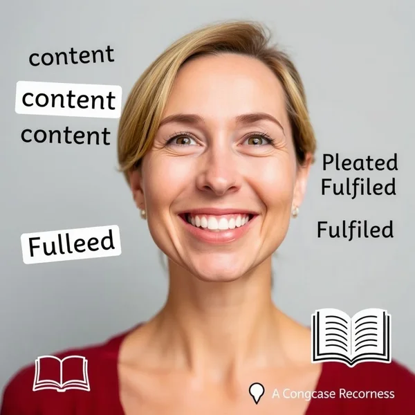 Image showing a person looking content, with text overlay: Synonyms for Satisfied