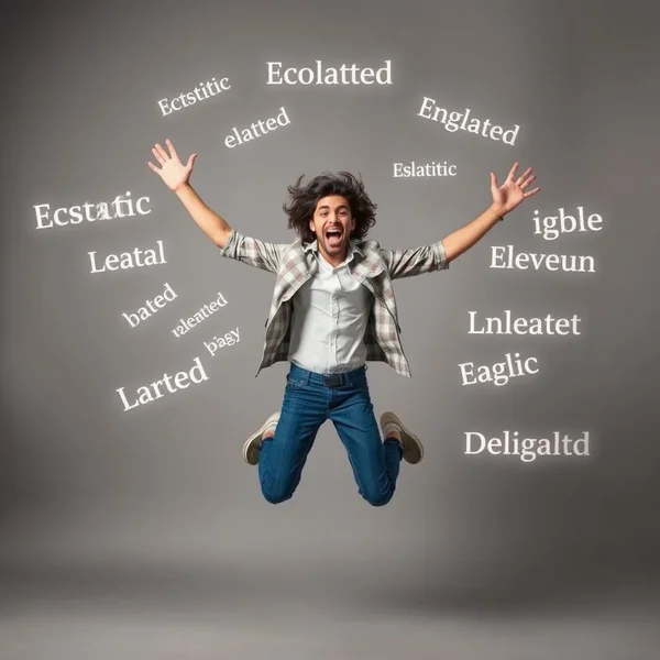 Hình ảnh một người đang nhảy vui vẻ, với lớp văn bản phủ lên: "Synonyms for Thrilled"