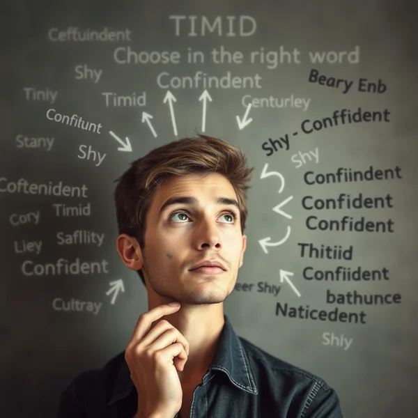 Hình ảnh một người đang suy nghĩ chọn từ, với dòng chữ "Từ đồng nghĩa với Timid để mở rộng vốn từ vựng"