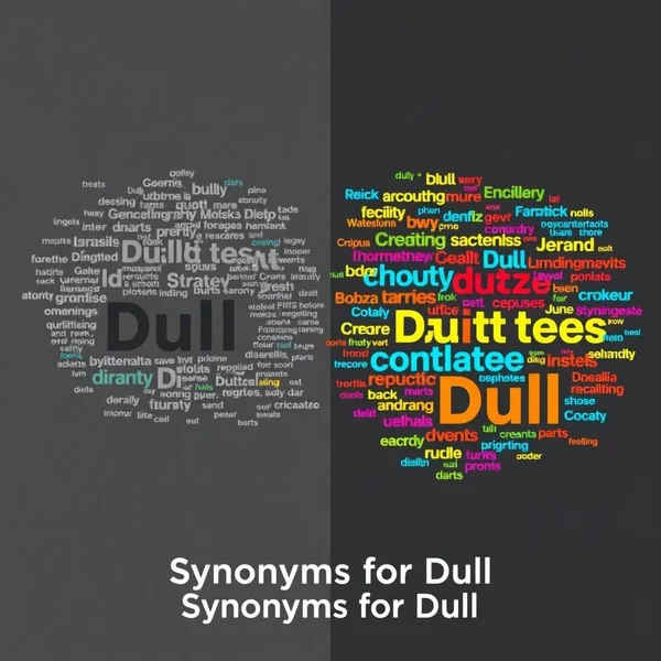 Hình ảnh thể hiện sự tương phản giữa Dull và sáng sủa, với dòng chữ "Synonyms for Dull"
