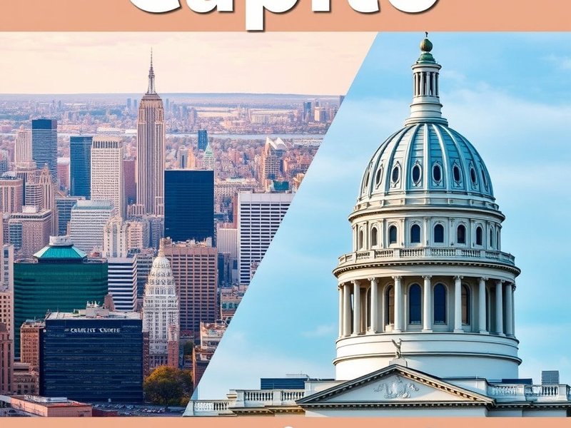 Image showing a city skyline (capital) and a domed building (capitol) to illustrate capital vs. capitol