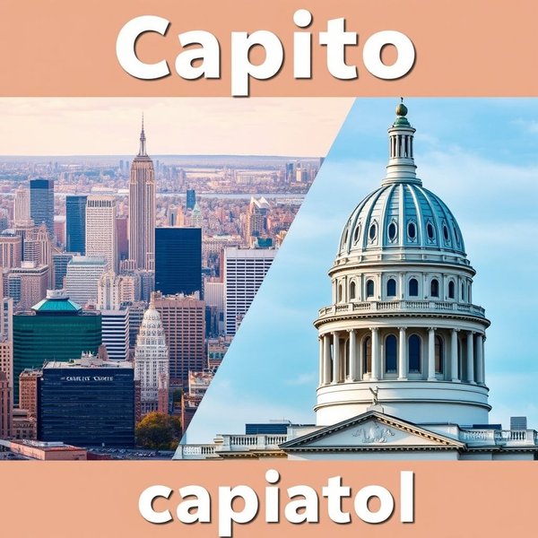 Image showing a city skyline (capital) and a domed building (capitol) to illustrate capital vs. capitol