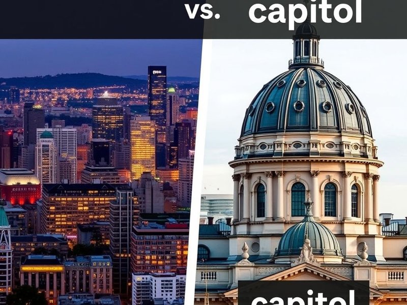 Imagem mostrando um horizonte urbano (capital) e um edifício com cúpula (capitol) para ilustrar capital vs. capitol