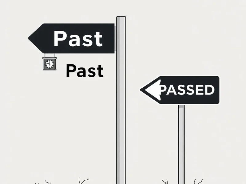 Hình ảnh biển báo có một mũi tên chỉ đến "Past" và mũi tên khác chỉ đến "Passed", minh họa sự lựa chọn giữa past vs. passed