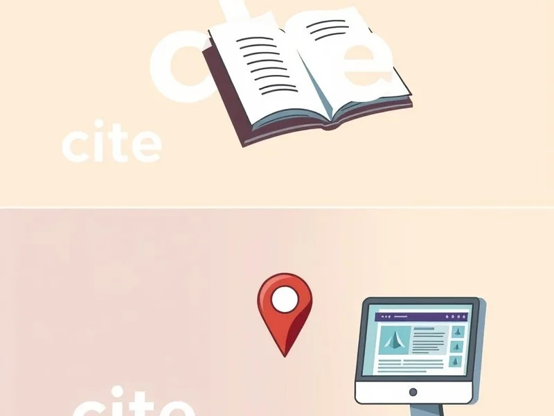 Imagem mostrando pistas visuais para cite vs. site, como um livro para cite e um marcador de mapa para site. Título: Dominando Cite vs. Site em Inglês