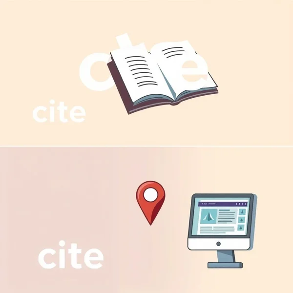 Imagem mostrando pistas visuais para cite vs. site, como um livro para cite e um marcador de mapa para site. Título: Dominando Cite vs. Site em Inglês