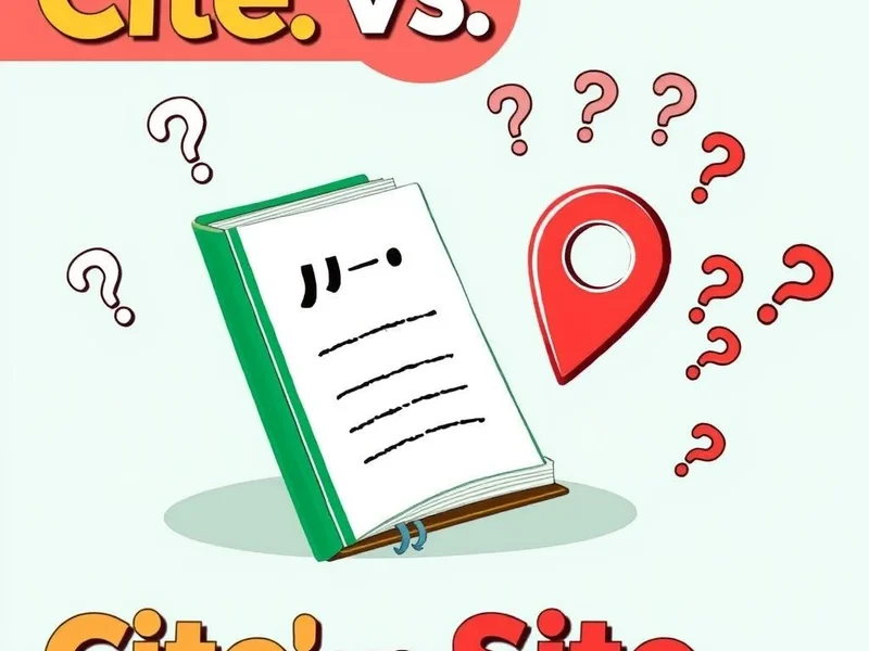 Image showing visual cues for cite vs. site, like a book for cite and a map marker for site. Title: Mastering Cite vs. Site in English