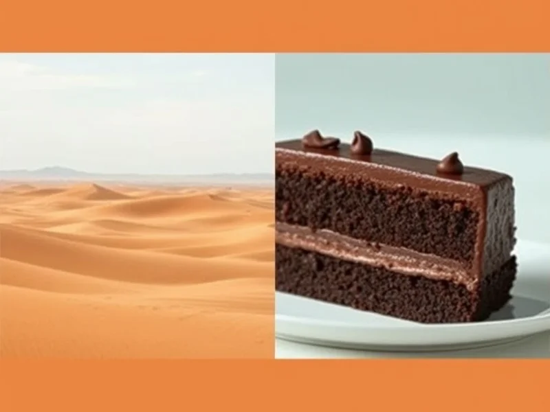 Image showing a vast desert landscape on one side and a delicious slice of cake on the other, illustrating the difference between desert vs. dessert
