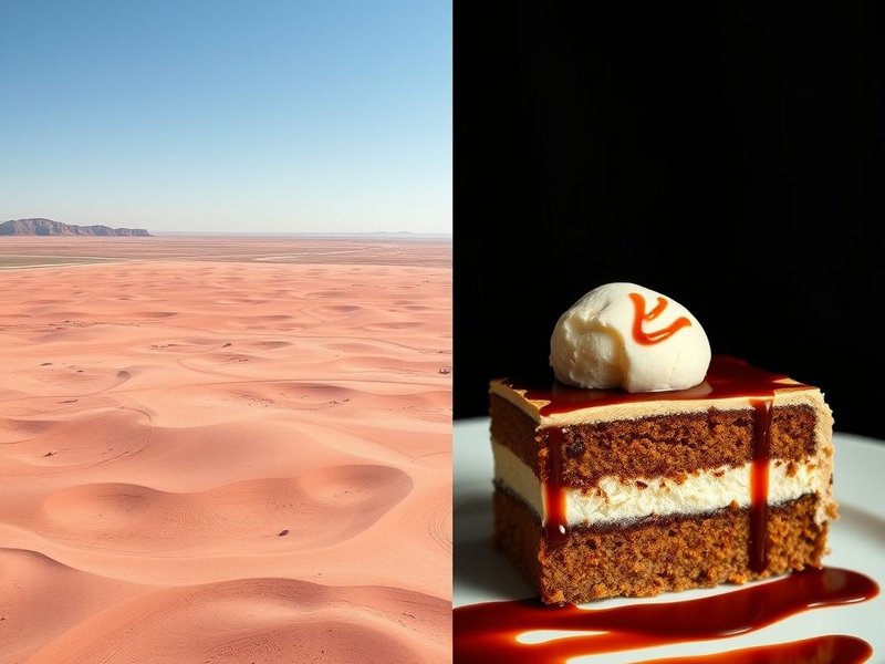 Image showing a vast desert landscape on one side and a delicious slice of cake on the other, illustrating the difference between desert vs. dessert