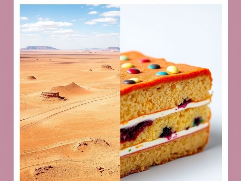 Image showing a vast desert landscape on one side and a delicious slice of cake on the other, illustrating the difference between desert vs. dessert