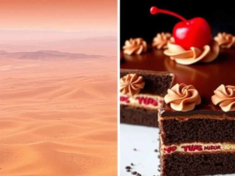 Image showing a vast desert landscape on one side and a delicious slice of cake on the other, illustrating the difference between desert vs. dessert