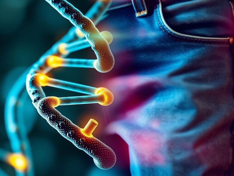 Image illustrating the difference between a DNA gene and a pair of jeans, with the title "Gene vs. Jean Explained"