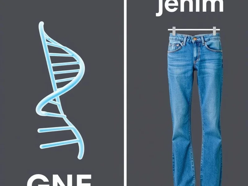 Image illustrating the difference between a DNA gene and a pair of jeans, with the title "Gene vs. Jean Explained"