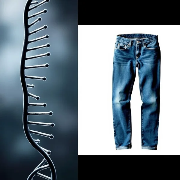 Image illustrating the difference between a DNA gene and a pair of jeans, with the title "Gene vs. Jean Explained"