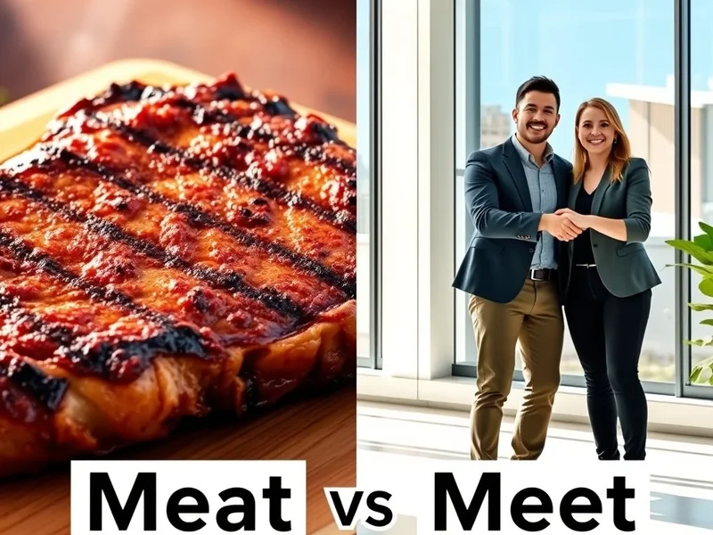 Image showing a steak next to two people shaking hands, with the text Meat vs. Meet prominent
