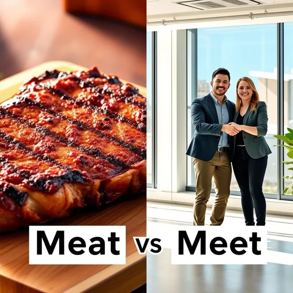 Image showing a steak next to two people shaking hands, with the text Meat vs. Meet prominent