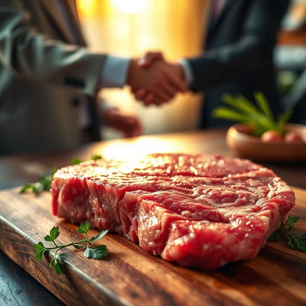 Image showing a steak next to two people shaking hands, with the text Meat vs. Meet prominent