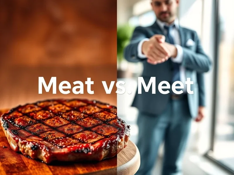 Image showing a steak next to two people shaking hands, with the text Meat vs. Meet prominent
